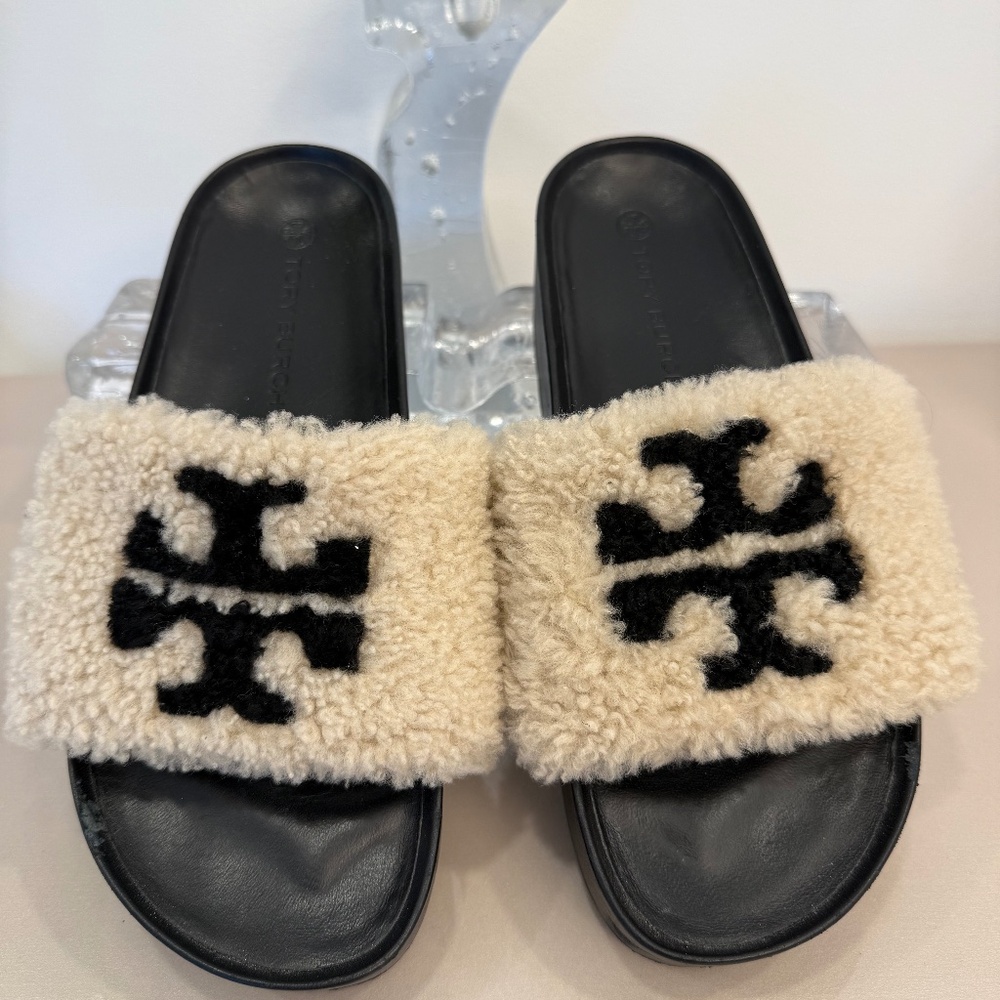 TORY BURCH WOMEN'S SHEARLING PLATFORM SLIDE SANDALS SIZE 8